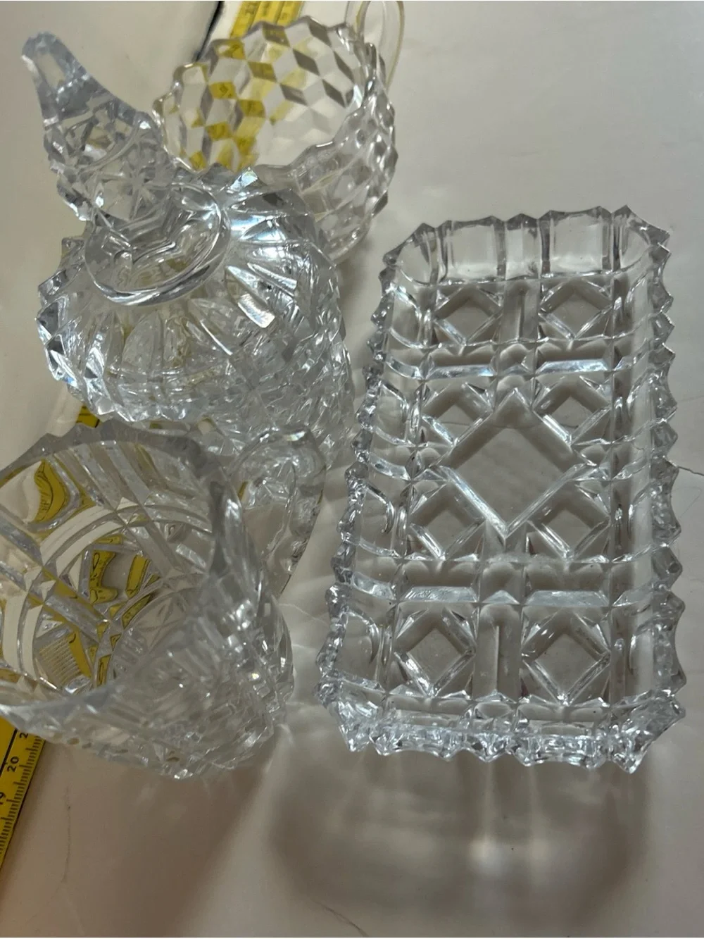 American Brilliant Elegant Cut Glass Creamer, Sugar bowl with Lid, and Tray